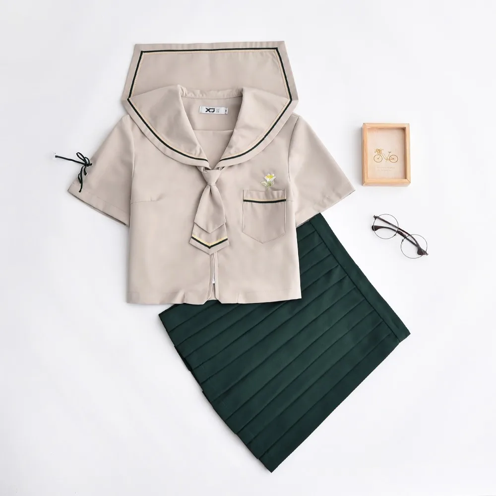 Лидер продаж, костюмы для девочек в японском стиле с коротким рукавом, бежевая рубашка+ зеленая юбка, школьная форма, одежда для школы