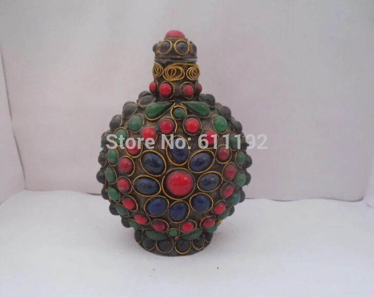 

Antique Imitation metal crafts Tibet silver handmade stones snuff bottle,Holiday Gift