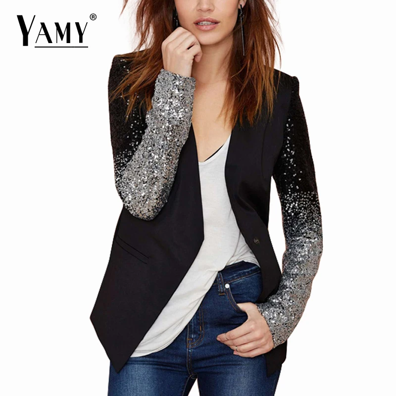 

2017 Fashion winter autumn women blazer feminino leather collar v neck sequined blaser feminino women blazers and jackets