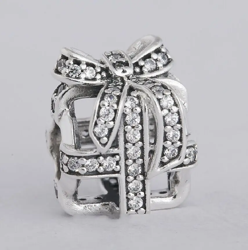 

Authentic 925 Sterling Silver Clear CZ Pave Bow Openwork Christmas Gift Box Charms Fit Original Pandora Charms Bracelet jewelry