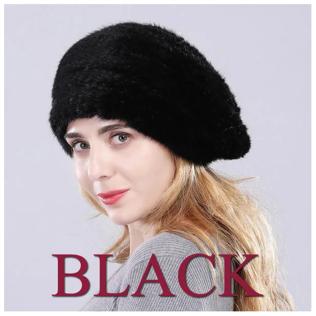 new arrive women real mink fur Berets handmade knit mink hat brand winter casual fur caps hot sale - Цвет: black