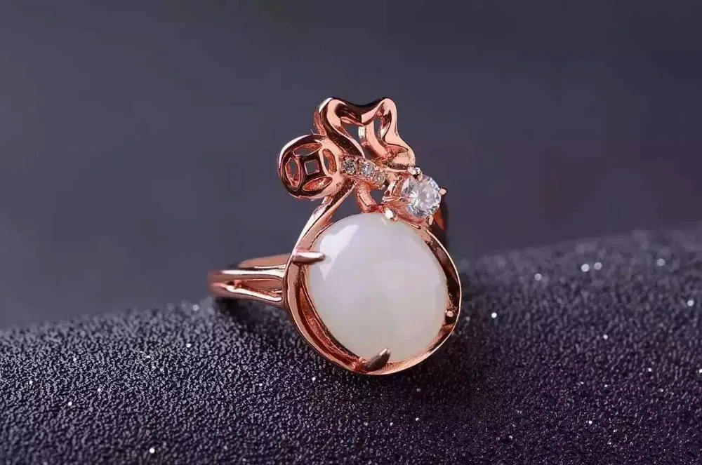 

Natural white jade gem Ring Natural gemstone ring 925 sterling silver trendy elegant Lucky bag women girl party fine Jewelry