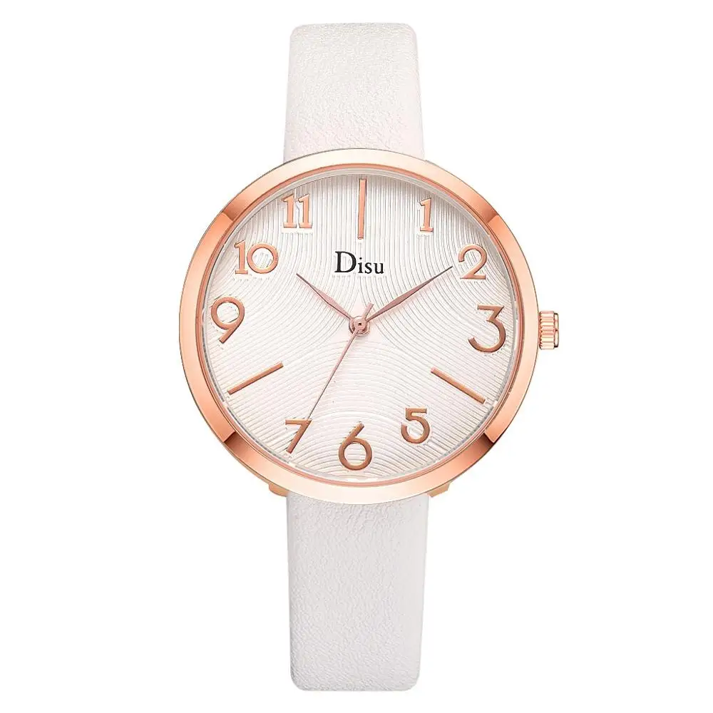 Disu Women's Watches Luxury Fashion Lady Leather Belt Watch Creative Number Analog Quartz Watch Montre femme Simple Clock - Цвет: Белый