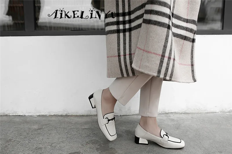 AAIKELINYU Новые женские туфли-лодочки коровья кожа мода металлической цепью удобные Обувь на квадратном каблуке, без шнуровки, на Повседневное ручной работы; женские туфли-лодочки