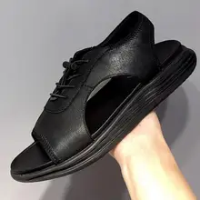 Мужские кожаные сандалии на толстой подошве; пляжная обувь; модные кожаные римские сандалии с мягкой подошвой