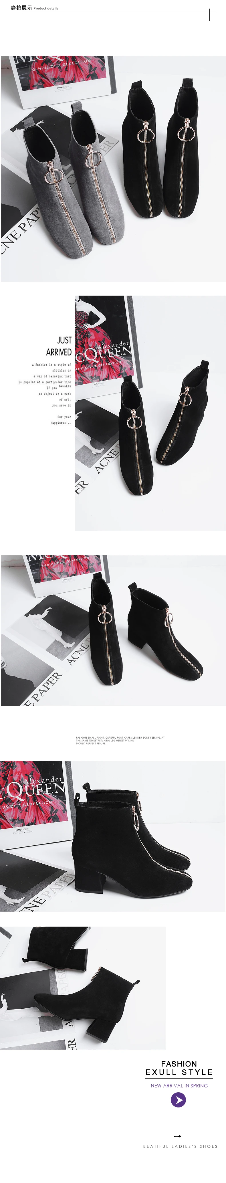 Women ankle Boots Cow suede 22-25.5 cm length autumn and winter Square toe front zipper ladies boots female+shoes women booties