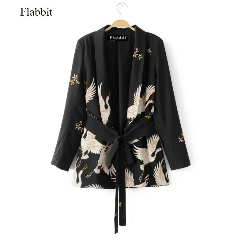 

Flabbit Women Vintage Crane print style kimono jacket office lady retro knotted belt coat casual slim loose Tops CT001