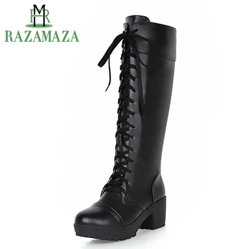 

RAZAMAZA Plus Size 33-48 Women Platform Black Shoes Women'S Lace Up Square High Heels Boats Knee High Warm Boots Add Fur Inside