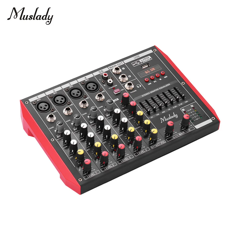

Muslady D6 Portable 6-Channel Mixing Console Mixer 7-band EQ Built-in 48V Phantom Power Supports BT Connection USB MP3 Player