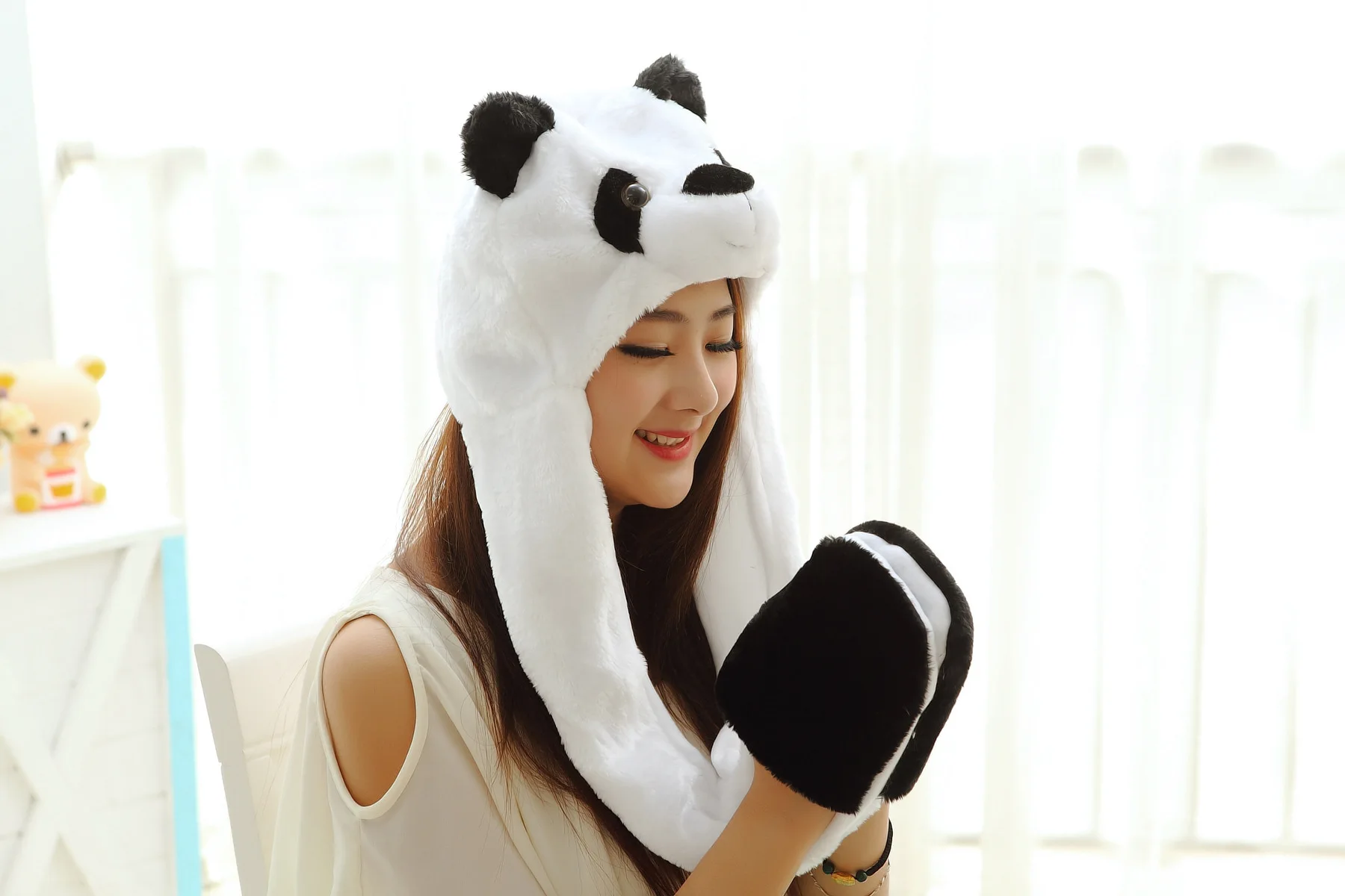 Long Panda plush cartoon hat Hat scarf gloves one Winter women cute hat High-quality cotton