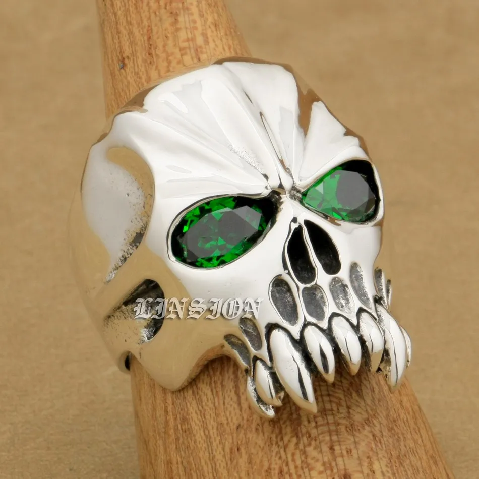 

US Size 8~15 Huge Heavy 925 Sterling Silver Green CZ Eyes Skull Mens Biker Rock Punk Ring 9M304