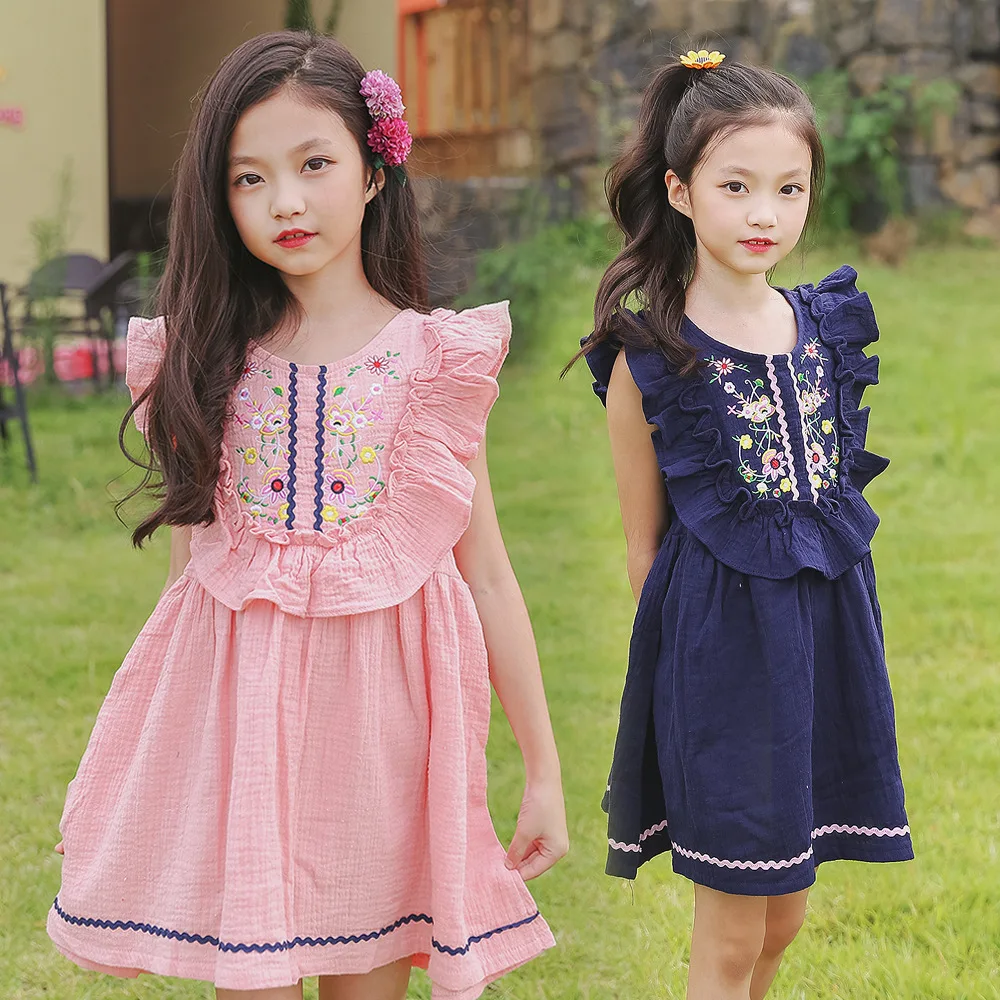 Детское платье принцессы Новинка лета года, платья без рукавов с цветочной вышивкой для девочек возрастом 3, 6, 7, 8, 10, 14 лет