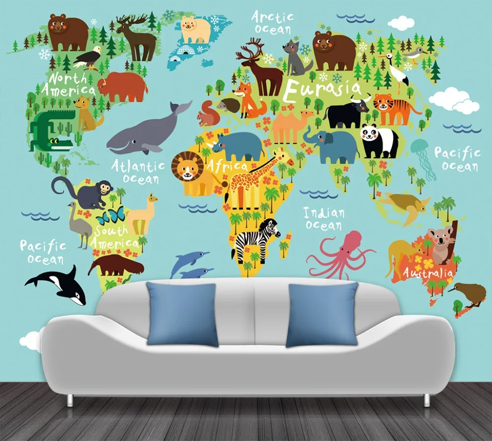 子供の部屋の壁紙ステッカー漫画の動物の世界地図写真壁紙壁画 3d Behang 自己粘着ビニール シルク壁紙 壁紙 Aliexpress