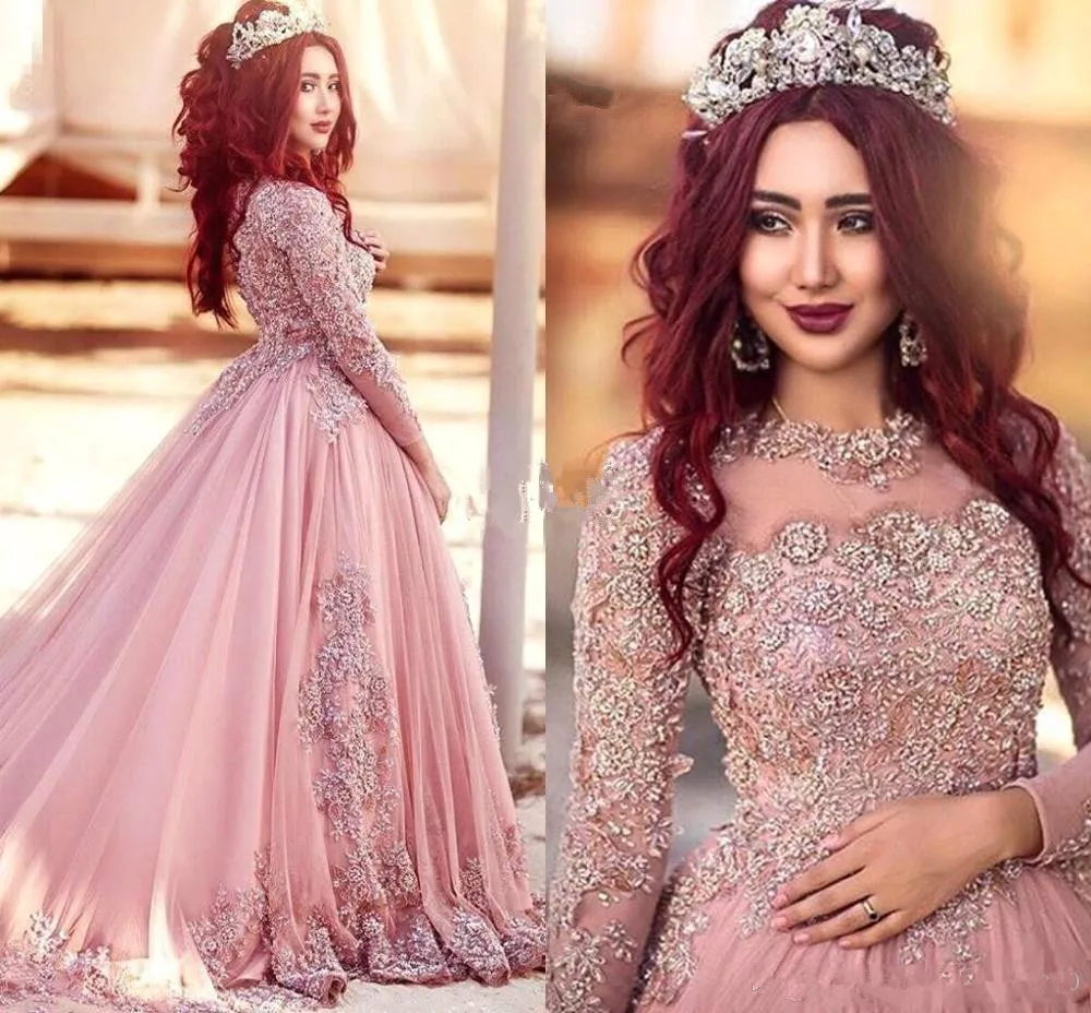 Розовые мусульманские свадебные платья бальное платье Тюль с длинным рукавом кружево бисером исламский Дубай Саудовская Арабская Длинное Элегантное свадебное платье