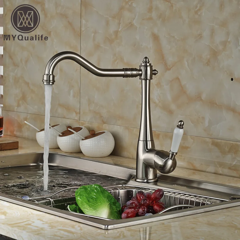 

Brushed Nickel Ceramic Lever Long Swivel Spout Kitchen Sink Faucet Deck Mount Bathroom Kitchen Mixer Tap