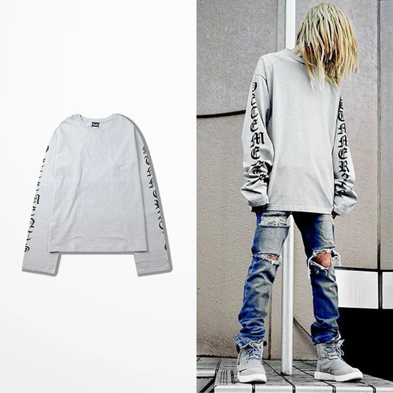 

Kanye West Korea Style Gothic Letter Print T-shirt Trasher Retro Hip Hop High Street Dark Long Sleeve T Shirt Loose Shoulder Tee