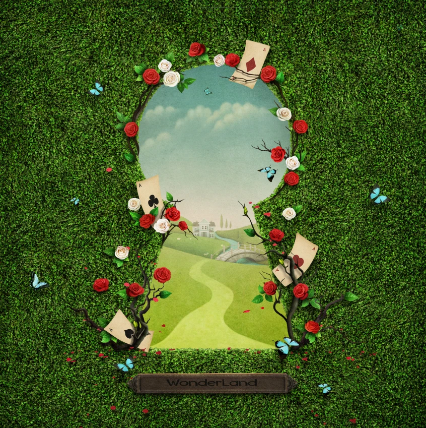 

green grass alice wonderland gate cartoon happy birthday photo background photography backdrops quality vinyl