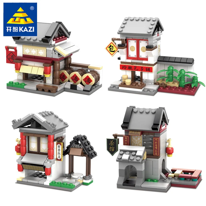

KAZI 5005 4 kinds/set Chinese culture Mini Street View China Street Ancient Architecture Model 2 in 1 kids Building Blocks Toys
