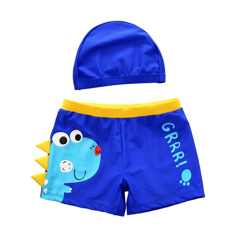 Детские плавательные шорты детская пляжная одежда для купания плавки для маленьких мальчиков купальный костюм с динозавром из мультфильма шорты для бассейна с шапочкой для плавания - Цвет: Синий