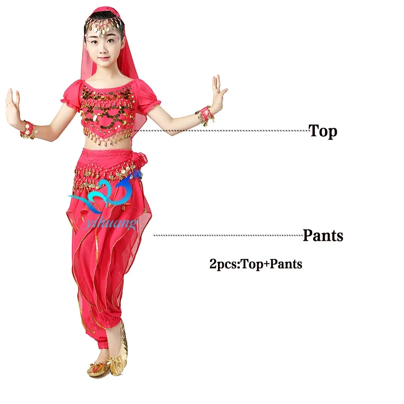 Индийские Костюмы Для Танцев Живота для девочек; Детский костюм на Хэллоуин; Детские вечерние костюмы для выступлений в цыганском египетском стиле; шифоновые комплекты из 6 предметов - Цвет: Rose Pink 2pcs