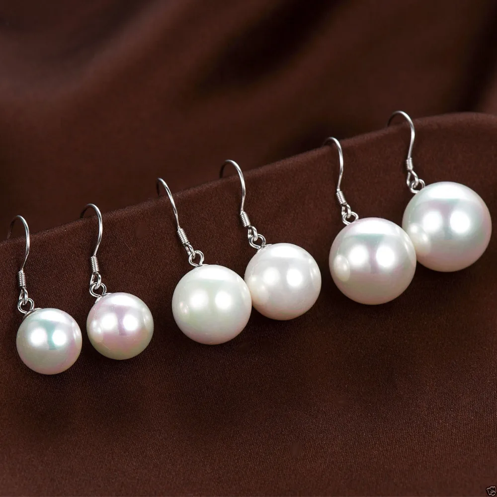 

A new 8/10/12/14mm White south sea shell pearl Silver Hook dangle earrings