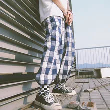 Мужские весенние льняные хлопковые Синие Клетчатые джоггеры брюки мужские бандажные свободные уличные Ретро спортивные брюки подростковые мешковатые хип поп спортивные брюки