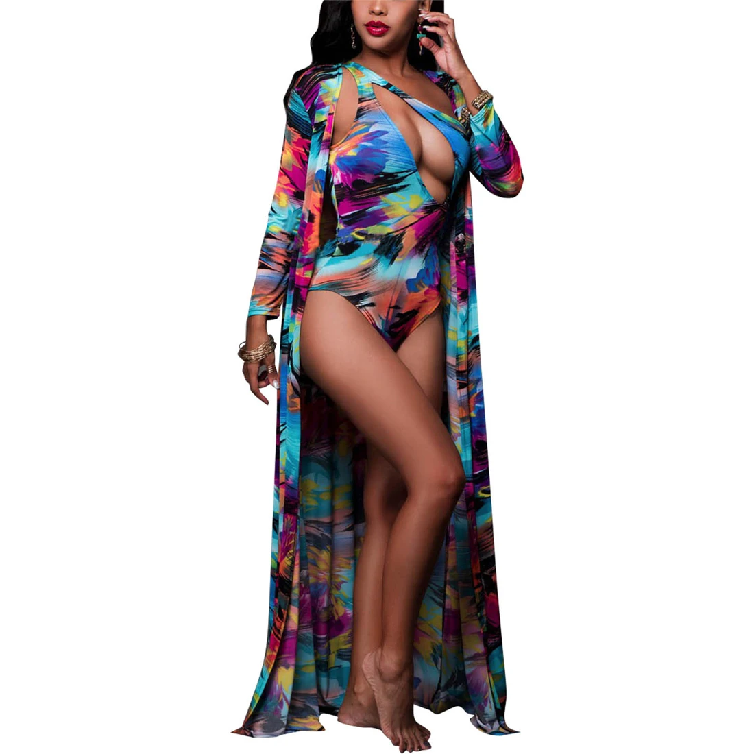 

Jumpsuits Printed 2 Piece Set Women Shawl Cape Swimwear Sexy Wear 2017 Sleeveless Stretchy Bandage Bodysuits Sexy Rompers