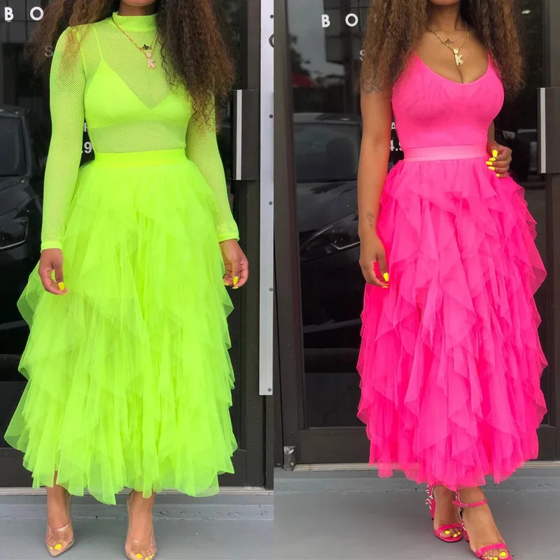 

2019 Summer New Women Fashion Skirt High Waist Layered Cake Skirt Streetwear Mesh Skirt Fluorescent Color Long Skirt Falda Jupe