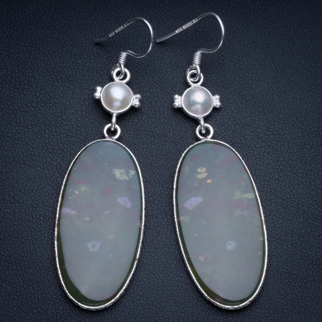 

Natural Blood Stone and River Pearl Boho Style 925 Sterling Silver Drop Earrings 2 1/2" R1787