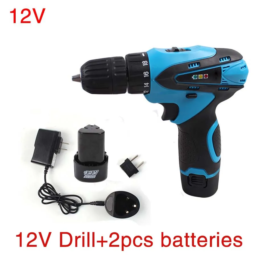 12V Cordless Drill Electric Drill Two Speed Rechargeable 2 pcs Lithium