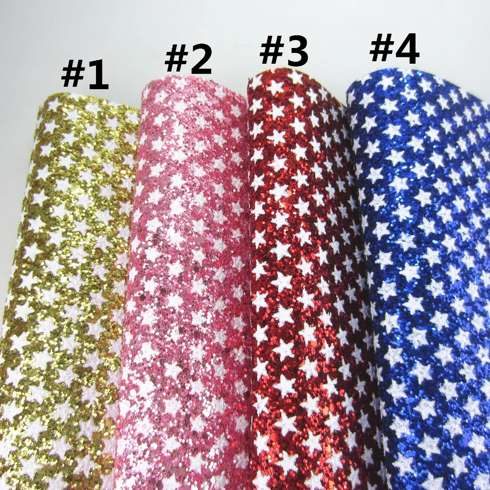 

A4 Sheet 8"X11.8" White Stars and blue Red Pink Chunky Glitter Fabric Leather Faux Leather Fabric 1piece F0370