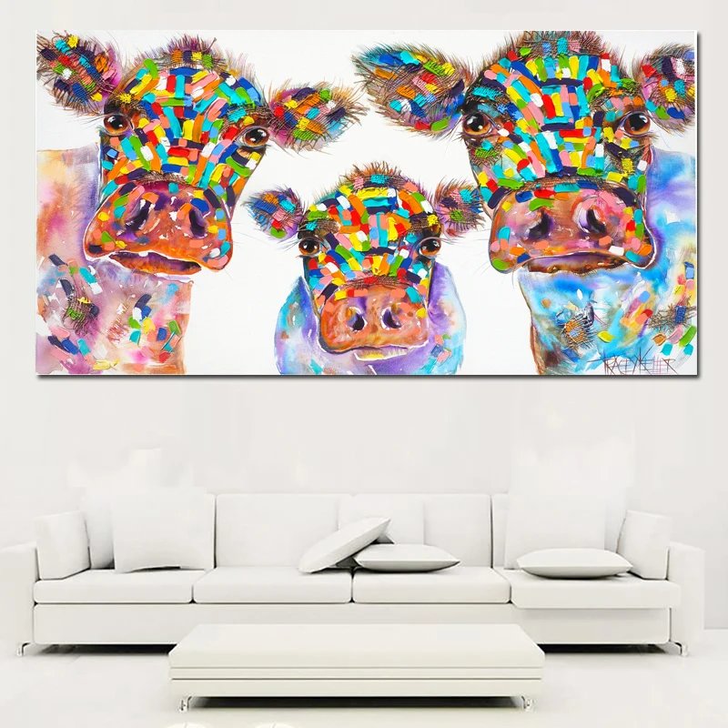 Бескорыстная акварельная картина на холсте корова Семья стены Искусство Плакат Печать декоративные картины животных для гостиной без рамы