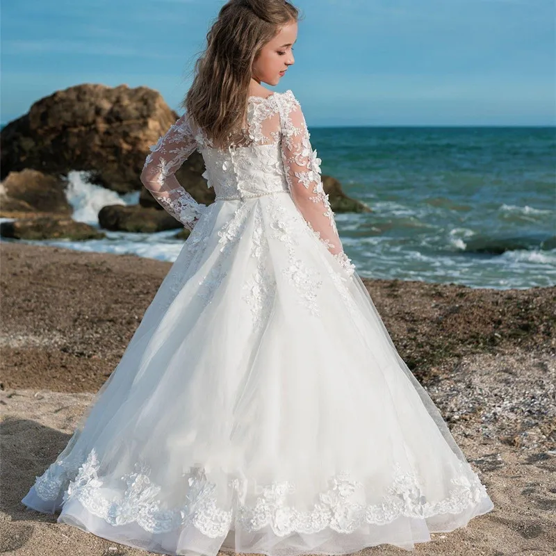 

Kids Pageant Evening Gowns Lace Applique Flower Girl Dresses For Weddings First Communion