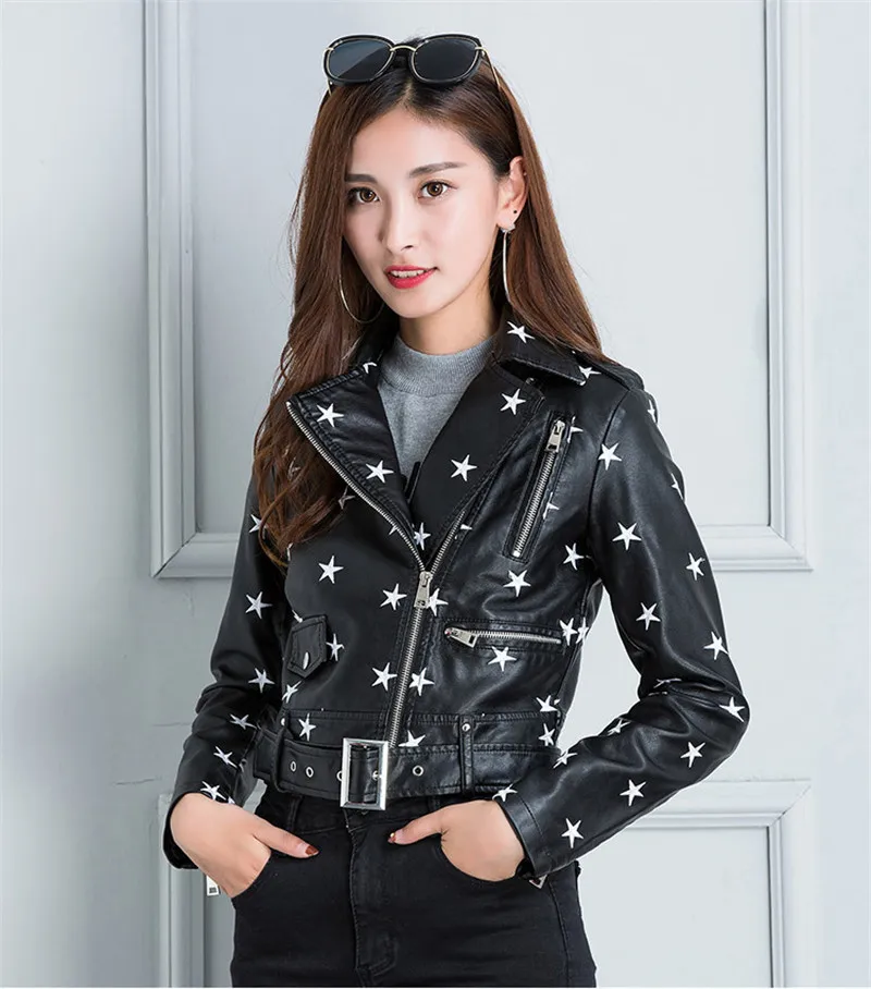 NXH Street Fashion PU Leather Jacket New Womens Star Embroidery Casual Motorcycle Jackets bright streetwear clothes women