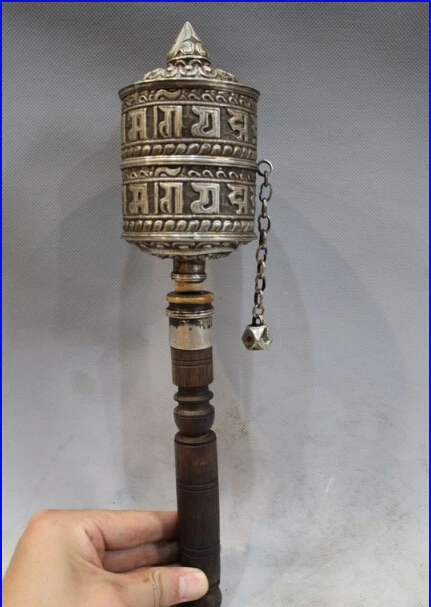 

12"Chinese Tibetan Buddhism Silver wood carved pray Prayer Wheel statue
