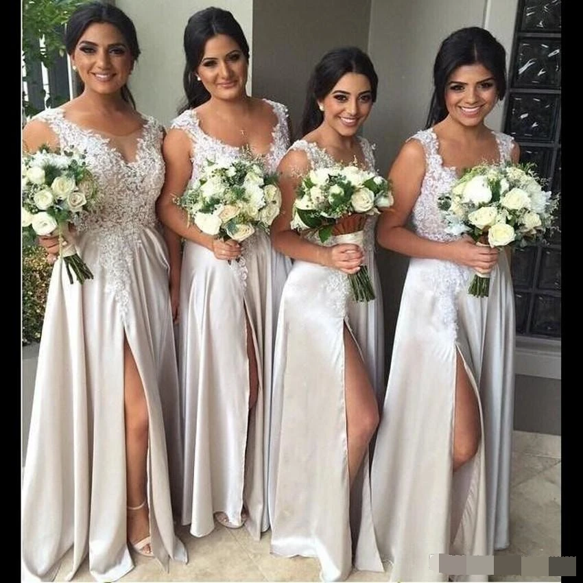 

Lace Cheap Bridesmaid Dresses Side Split Lace Wedding Party Dress Long maid Appliques vestido de festa longo