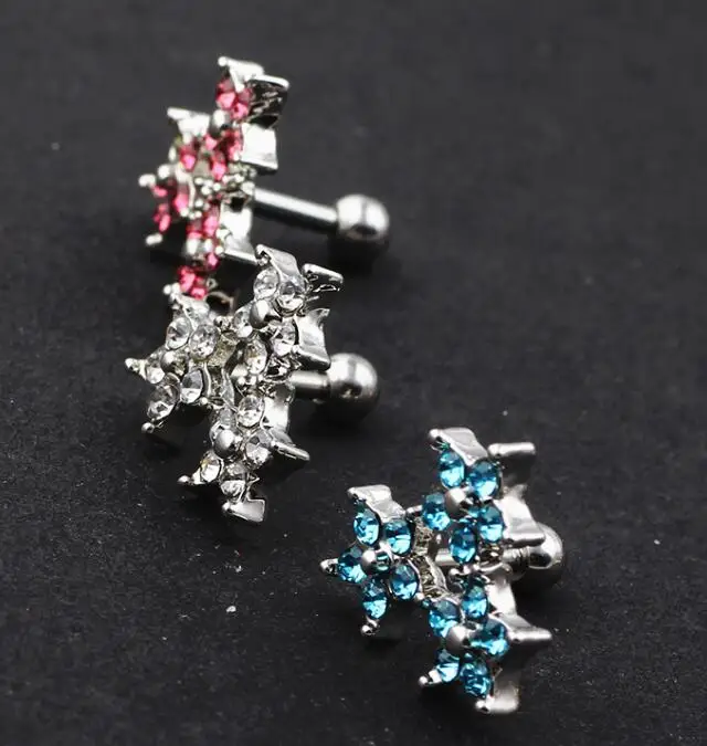 JUNLOWPY Tragus-Bars-маленькая спираль-кристалл-серьги-ухо-хрящ-пирсинг-ювелирные изделия женские модные ушные серьги-гвоздики - Окраска металла: Чистый золотой цвет