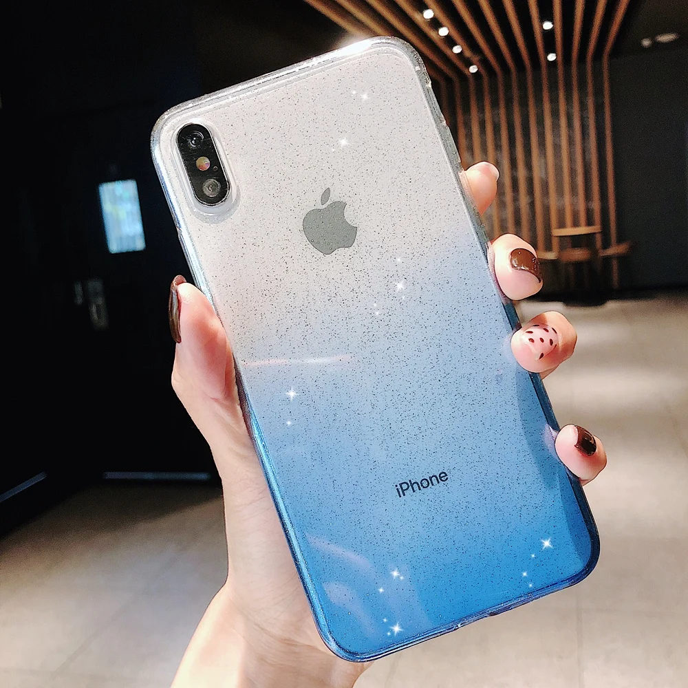 Для iPhone X XR XS 11 Pro Max 8 7 6 6s Plus сверкающий блеск Радужный прозрачный градиентного цвета Мягкая силиконовая задняя накладка из ТПУ чехол - Цвет: Blue