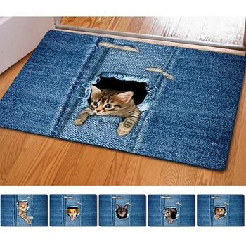 

Cute Cat Floor Mat Washable Denim Cat Rug Bath Mats Foot Pad Home Decor Non-Slip Kitchen Bathroom Living Room Mats