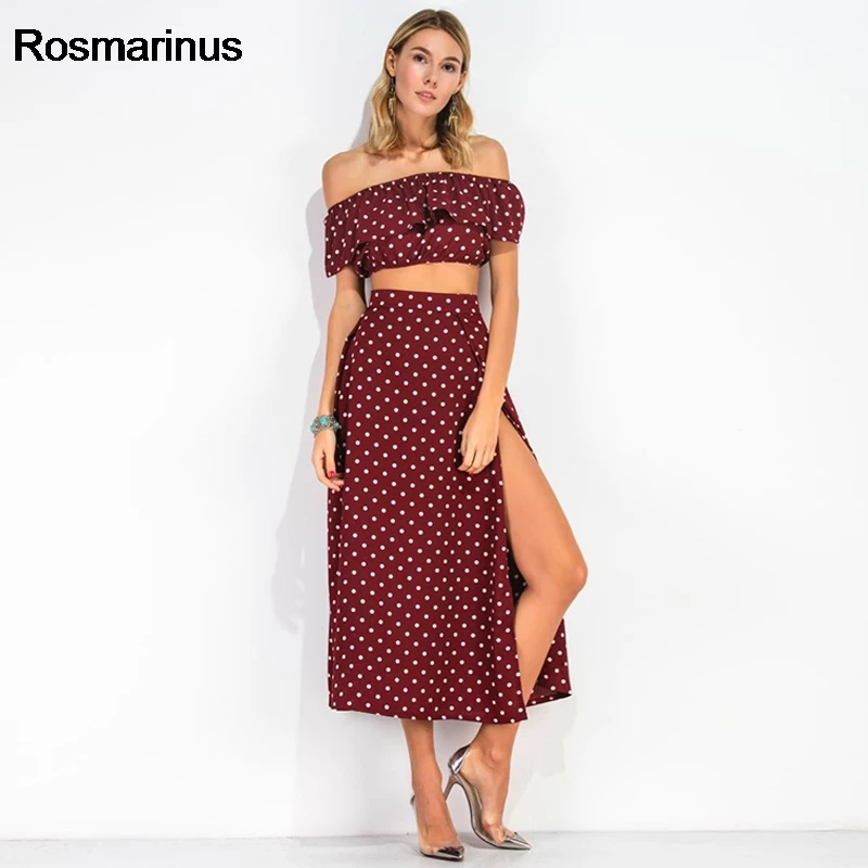 

Women 2018 Off Shoulder Red Vintage Polka Dot Long Suit Dress Summer Maxi Dress Ruffles High Split Sexy Beach Dresses Vestidos
