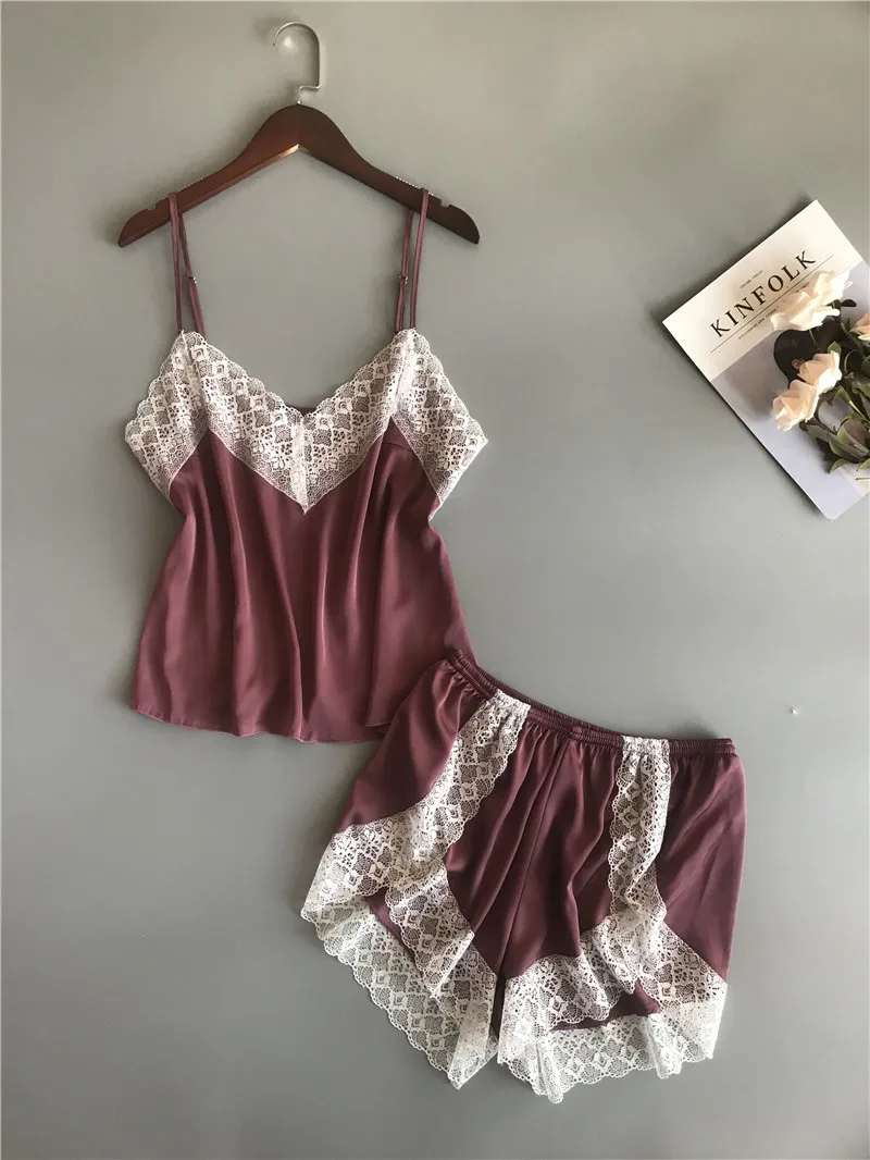 Queenral Women's Sleep Lounge Pajama Sets Sexy Lingerie Pyjamas Femme Silk Satin Summer Nightie Home Suit Sexy Lace Pijamas Set 2