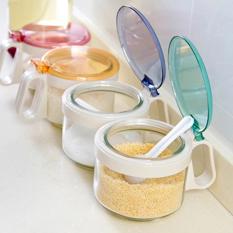 

Hot glass seasoning box condiment set with spoon salt and pepper spice jars storage box containers kitchen accessories