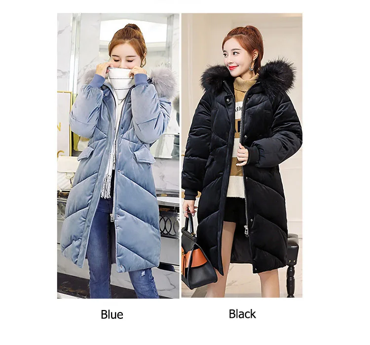 Бархатный пуховик, зимняя женская длинная приталенная куртка, большой меховой воротник, пальто для женщин, Модная парка размера плюс, зимние пальто