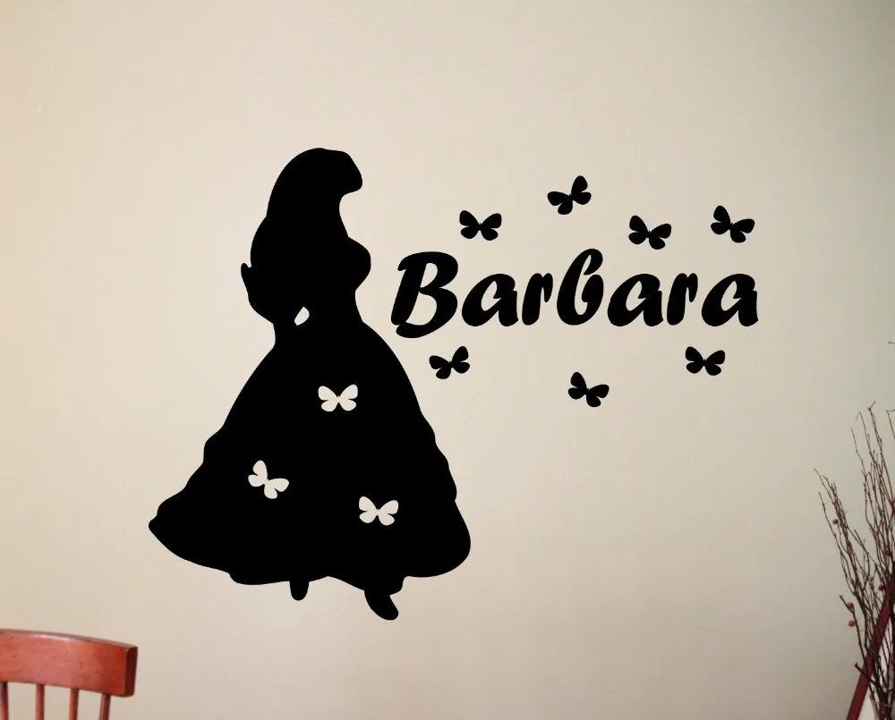 

Princess Silhouette Personalized Girl Name Decal butterflies Interior Wall Art Mural Vinyl Waterproof Custom DIY Pattern SYY317