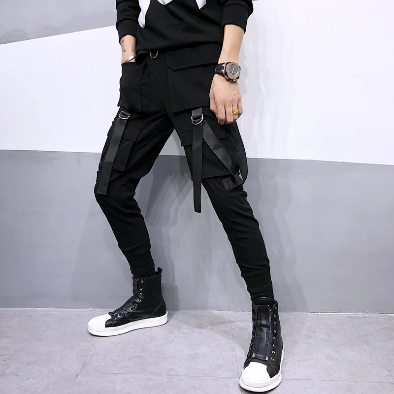 Men black ribbons patchwork hip hop cargo pants with many pockets ...