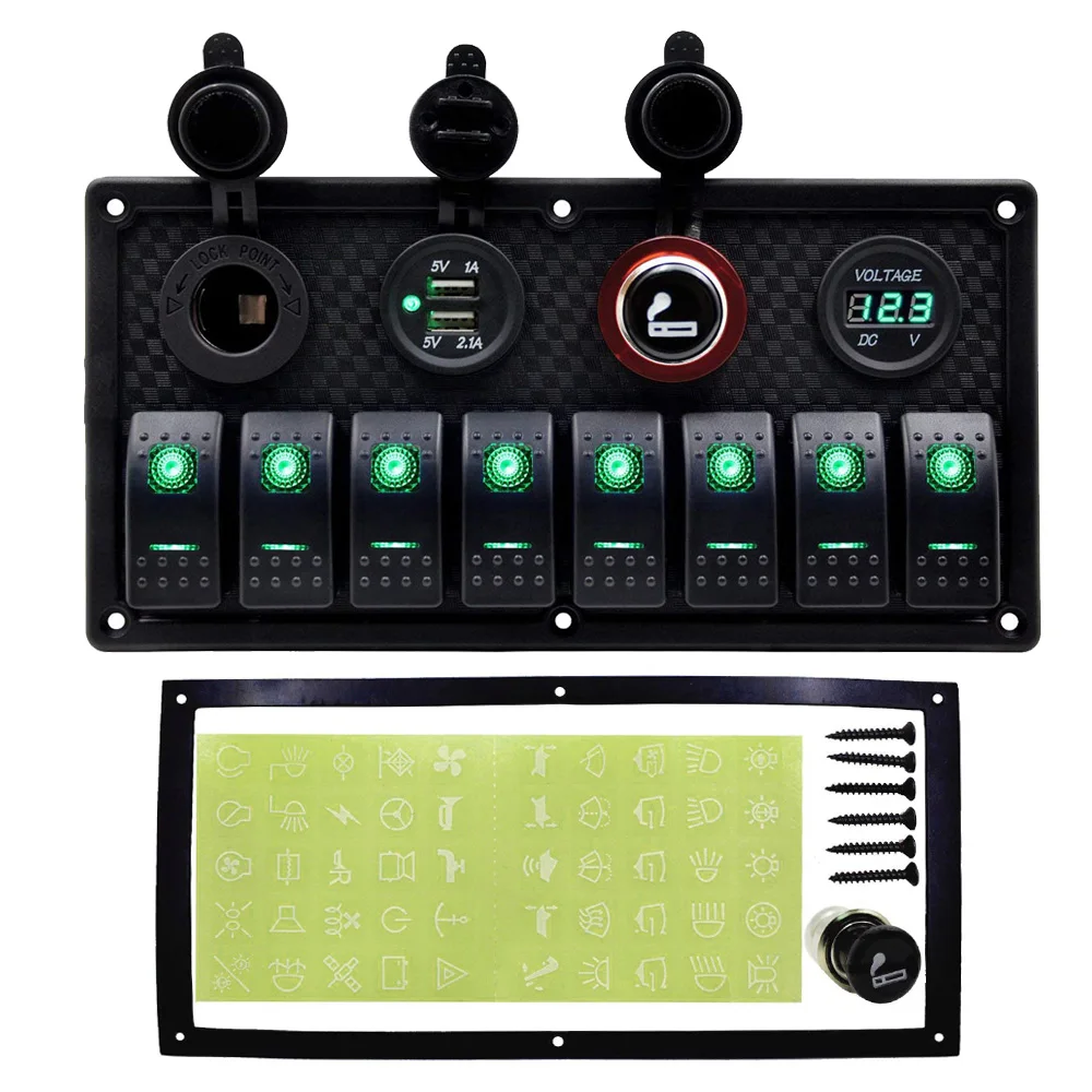 

8 Gang Rocker Switch Panel Control Car Marine Boat Circuit Breakers Panel Dual USB Charging Ports Cigarette Lighter Socket