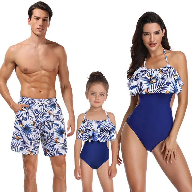 Dad Son Swimwear Beach Bath Swimsuits Family Look Bikini Mommy and Me Clothes Mom and Daughter Matching Dresses Outfits