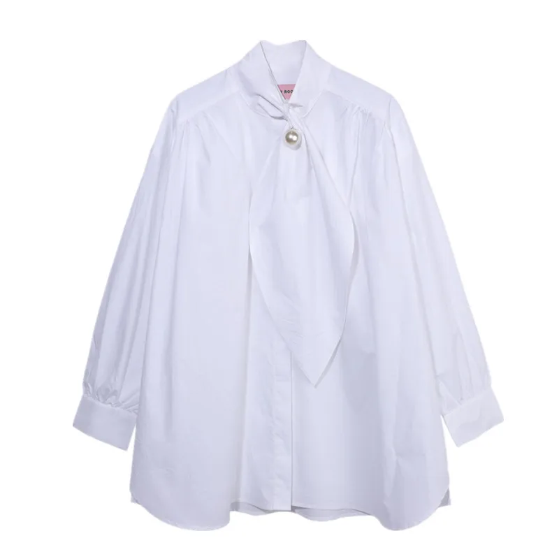 Women Fashion Bow Tie Shirts Personality Casual Simple Loose Scarf Bow Tie Pearl Decoration Shirt 2018 Autumn New Virgin Killer Blouses