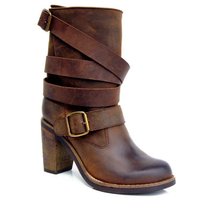 

New Arrival Retro Stylish Women Boots Leather Mid-calf Boots High Heel Short Booties Belt Buckle Roman Chic Hot Shoes Woman