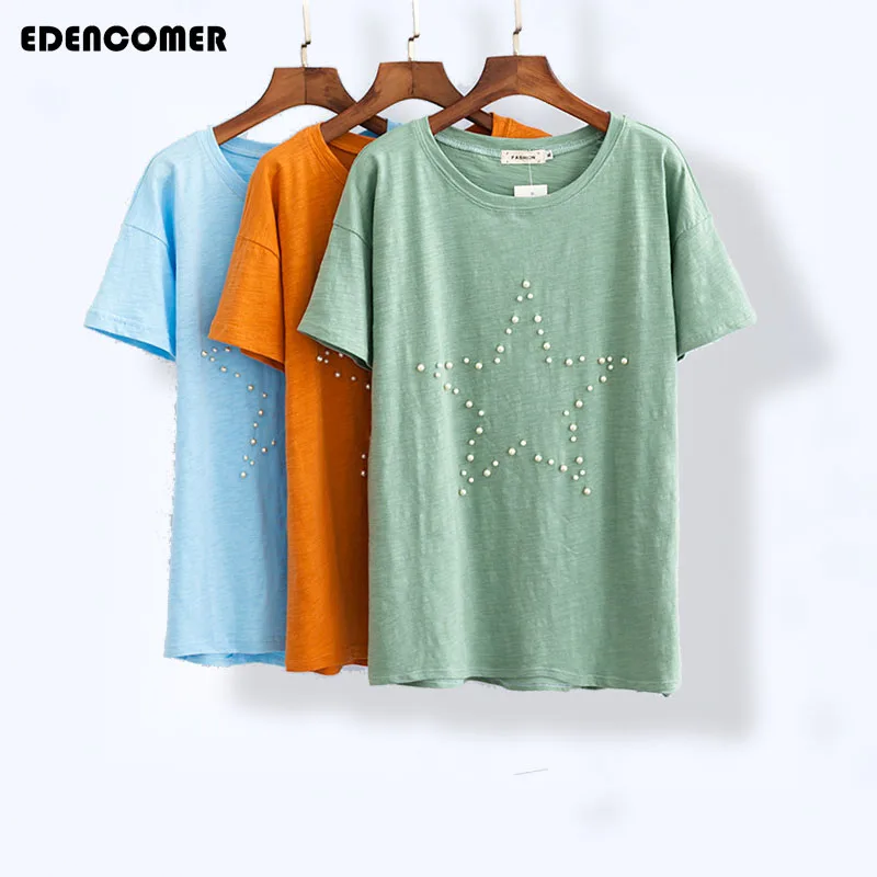 

2018 Summer New Fashion Korean Version of Loose Casual Five-pointed Stars Beaded Short-sleeved Large Size Women's T-shirt